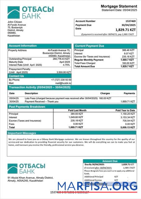 Realistic Kazakhstan Otbasy Bank mortgage statement Word and PDF template